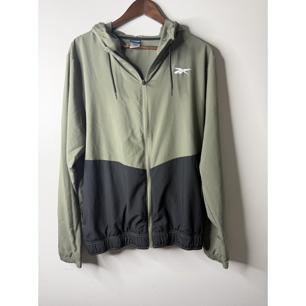 Reebok Mens Large Green & Black Jacket Full Zip Hooded Training Woven